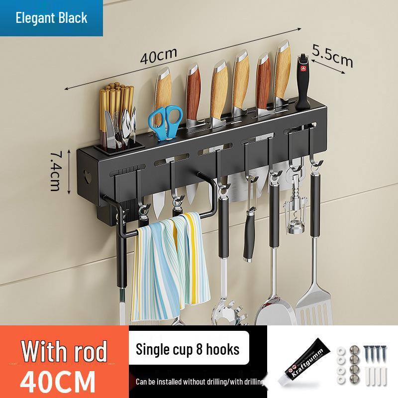 Stainless Steel Wall-Mounted Knife & Chopstick Holder with No-Punch Hanging Design