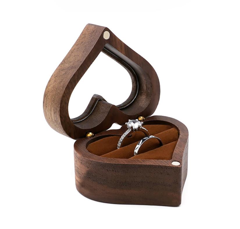 

1 шт., деревянная шкатулка в форме сердца из орехового дерева, шкатулка для украшений, витрина, держатель для хранения колец для помолвки и свадьбы, подарочный футляр Double кофейный