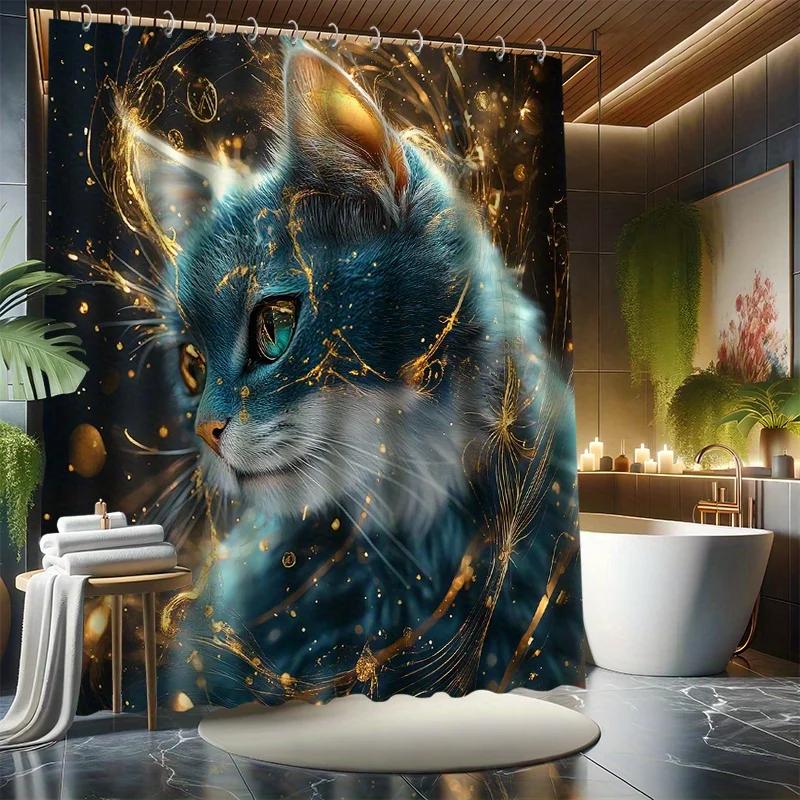 

~O~Милый Маленький Кот Набор Штор для Душа - Синий Кот, Включает 12 Крючков, Водонепроницаемый Полиэстер, Перегородка для Ванны, Современный Ванный Комнатный Де W90XH180cm