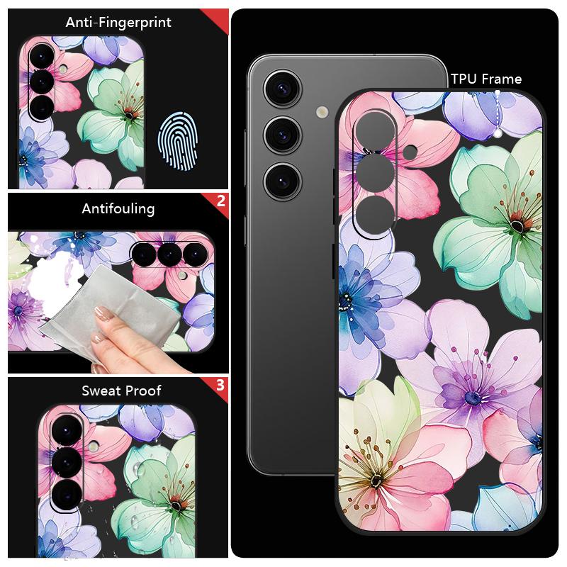 Retro Flower Pattern Phone Case for Samsung Galaxy A57 A17 A56 A16 A55 A15 A36 S25 FE S26 S24 S23 S22 Ultra Soft Lanyard Cover