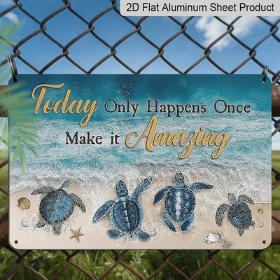 2D Flat 1pc 7.87*11.8 Inch Sea Turtle Aluminum Art Sign-Rustic Coastal Beach Ocean Decor with 4 Shell Patterns & Turquoise Turtles, Golden Lettering