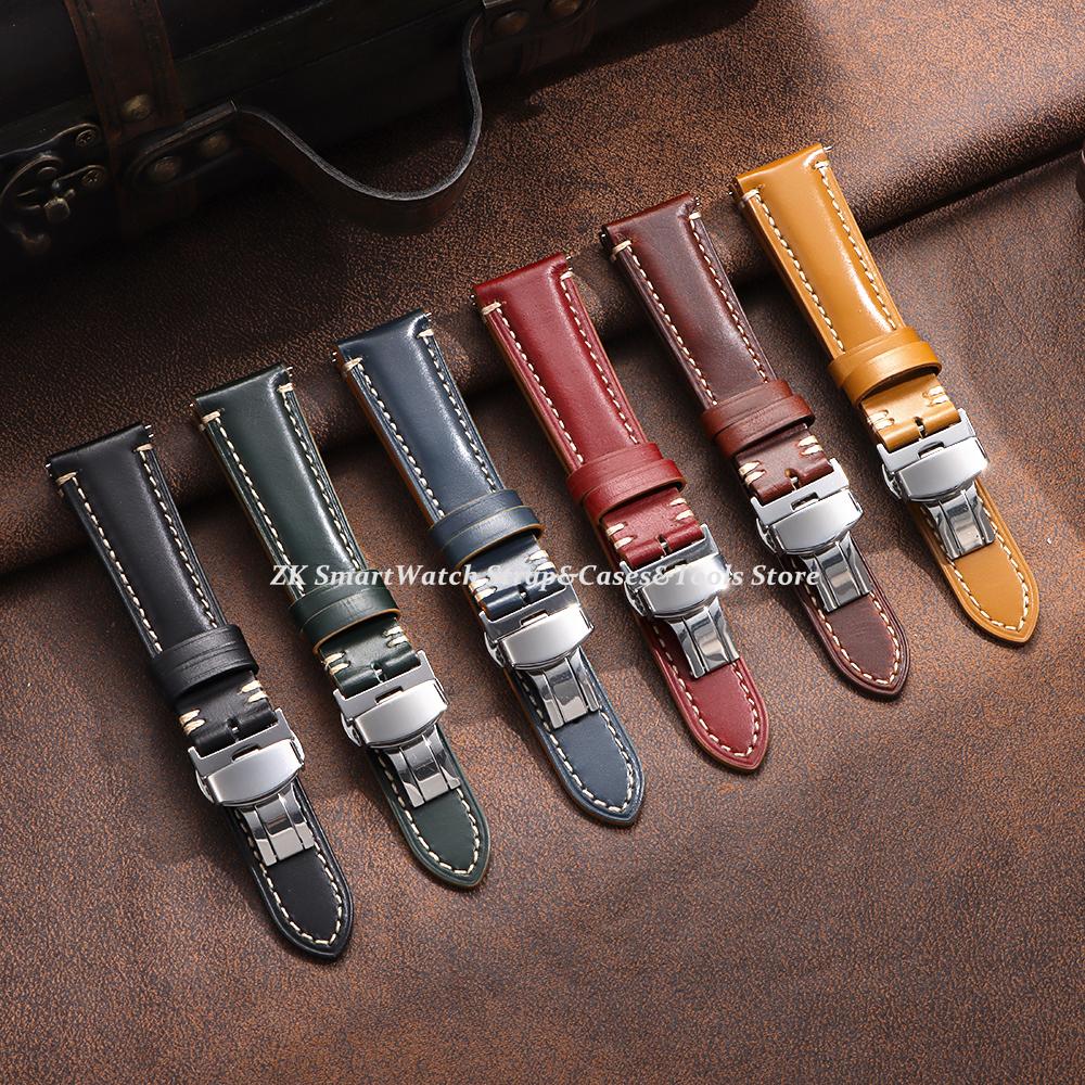 Vintage Calfskin Watch Strap 20mm 22mm 24mm Handmade Stitching Cowhide Watchband Stainless Steel Butterfly Clasp Bands with Box