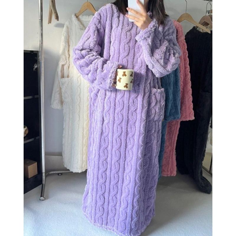 Long Warm Nightgown For Tall Women Autumn Winter Cold Resistant Cute Full Length Long Sleeve Loose Thermal Bath Robe Dress