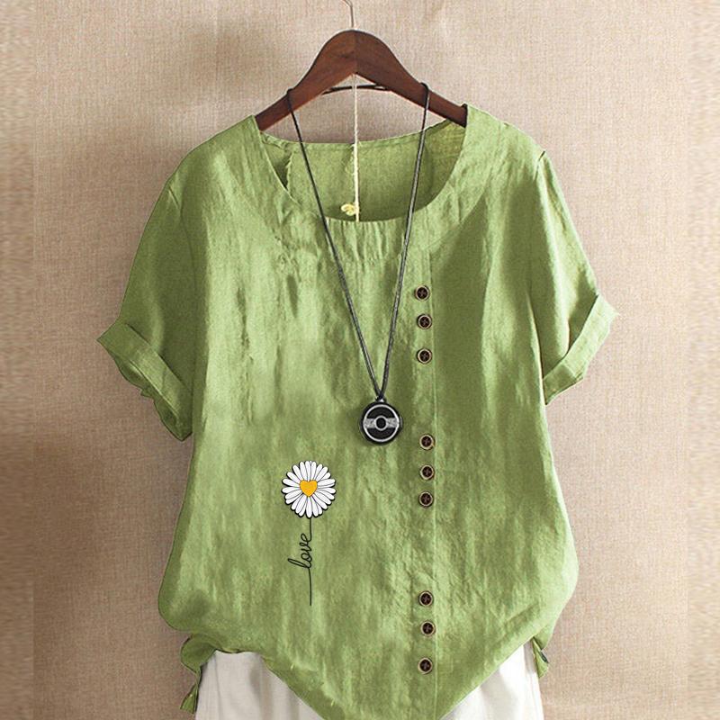 Women's Fashion Chrysanthemum Prined Short Sleeve T-shirt Loose Cotton Shirt Casual Loose Summer Blouse Tops Plus Size