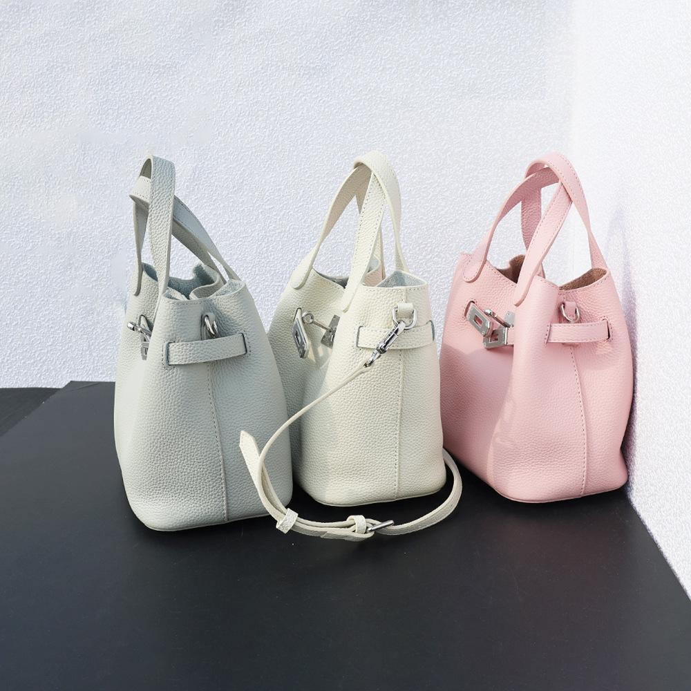 Top layer cowhide handbag genuine leather lychee pattern vegetable basket bag simple and lightweight versatile shoulder bag women's bag