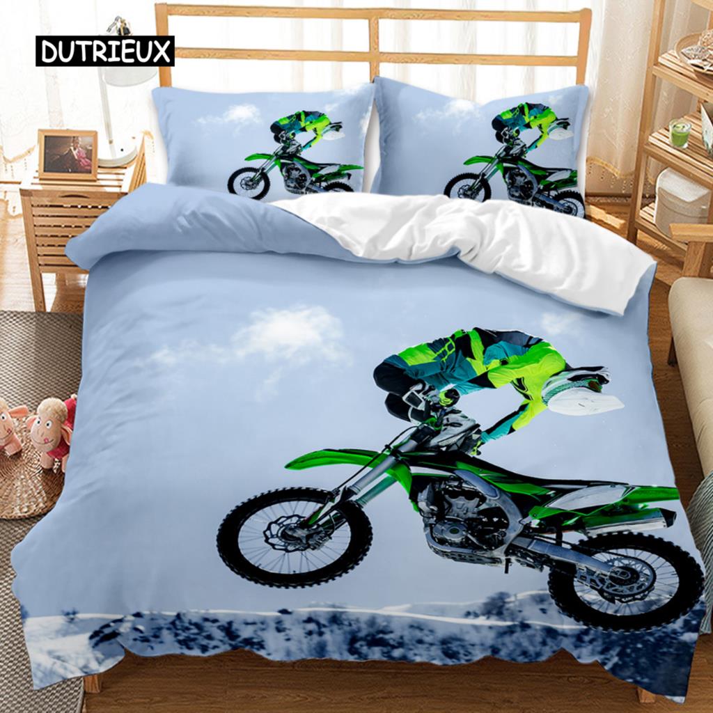 Motorcycle Duvet Cover Set Motocross Racing Bedding Dirt Bike Extreme Sports for Men Teens Boys Kids Polyester Comforter Cover