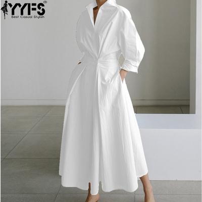 Women's Fashion Spring Fall Solid Color Print Long Sleeve V-Neck High Waist Casual Dresses