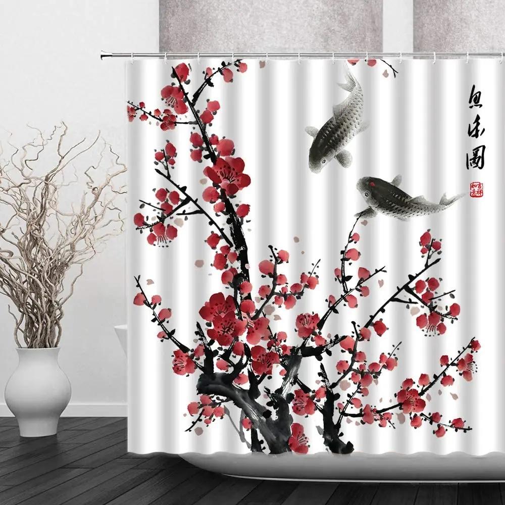 Japanese Waves Shower Curtain Cherry Blossom Pulm Flower Moon Koi Fish Kanagawa Waves Asian Romantic Fabric Bathroom Curtains