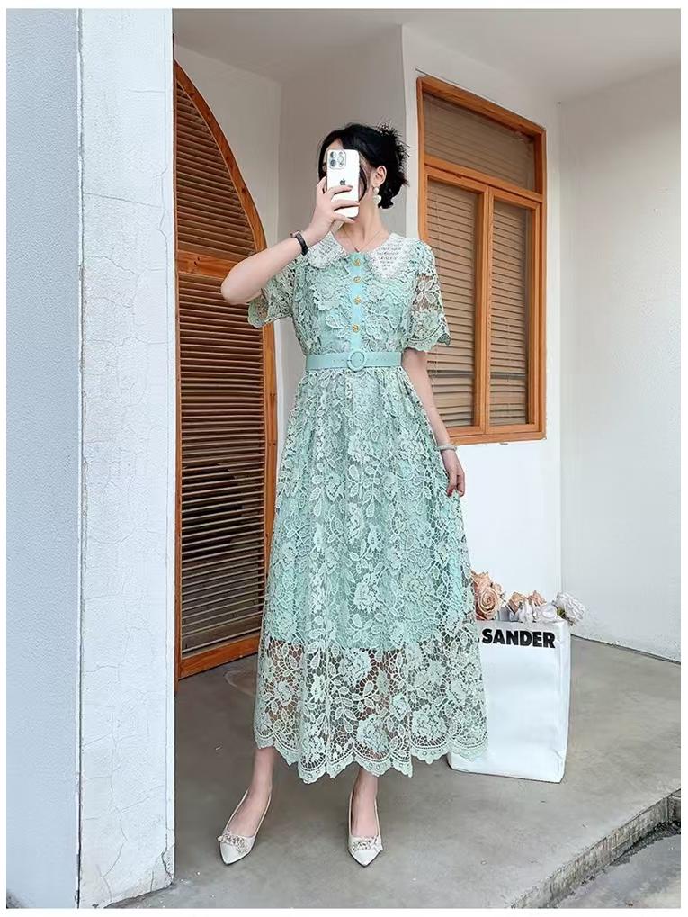 Damen Französisch Süß Farbblock Peter Pan Kragen Slim Fit Midilänge Spitzenkleid