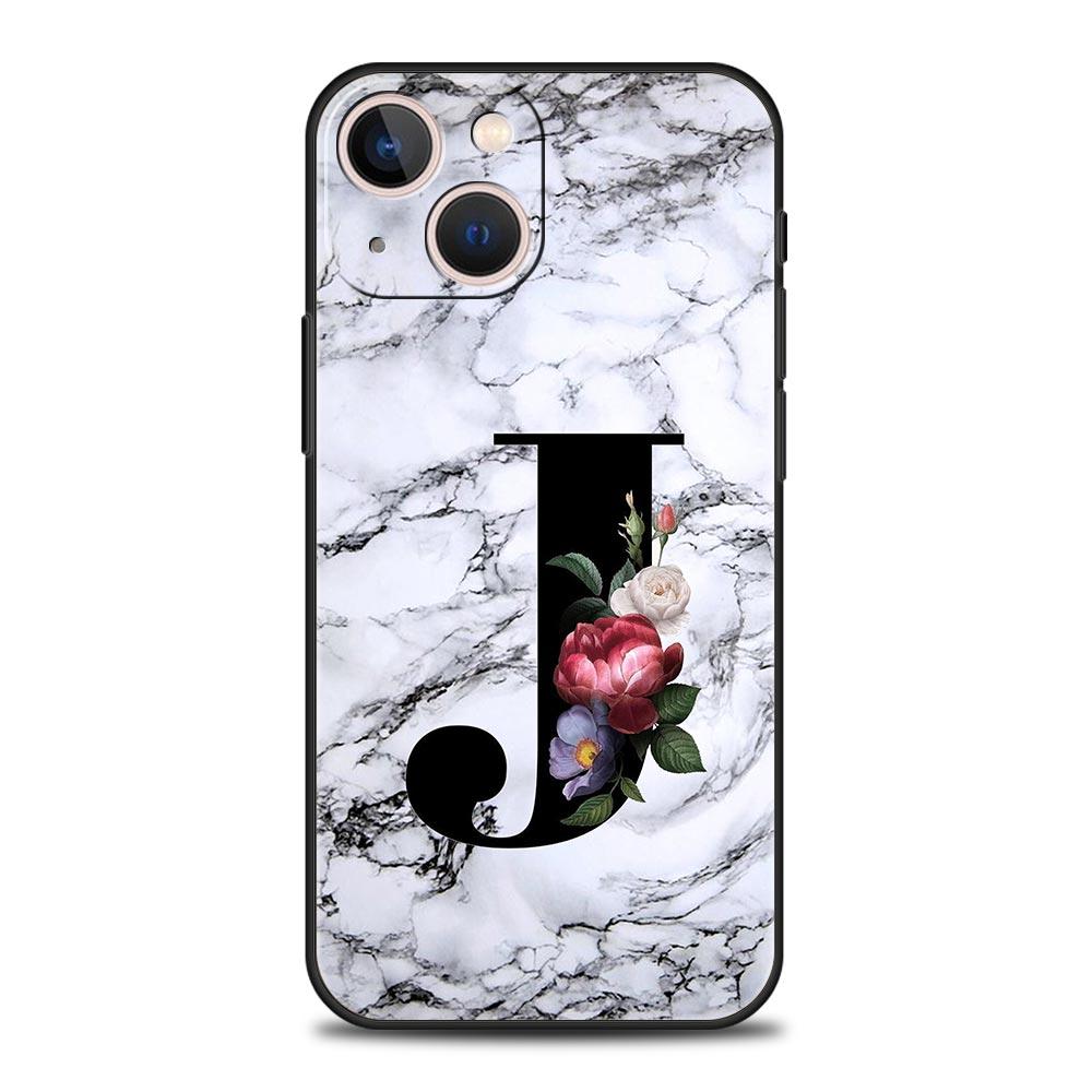 Letters Flower English Marble Phone Case For iPhone 17 16 15 Pro Max 11 12 13 14 7 8 Plus SE 2020 X XR XS Cover Soft Black