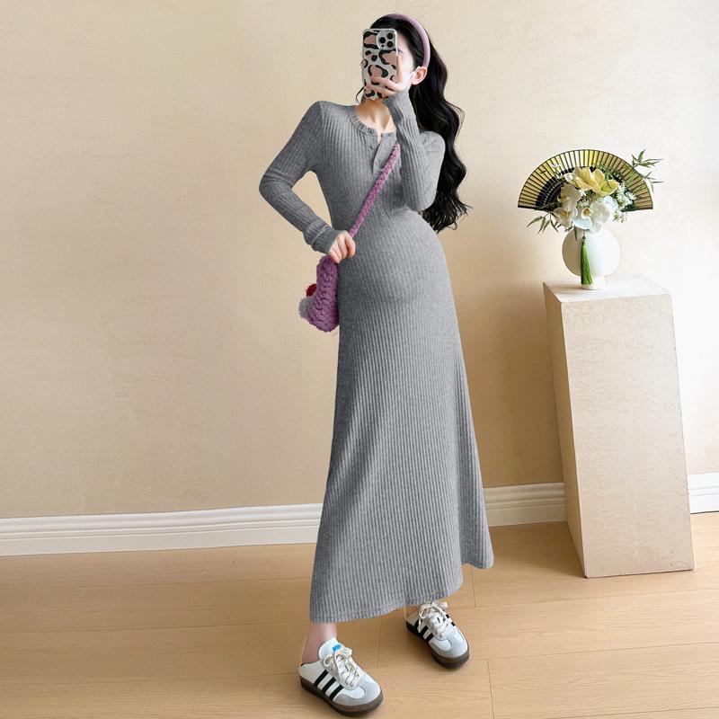 Autumn Winter Slimming Maternity Knit Dress - Long Sleeve Bodycon Style 2XL серый