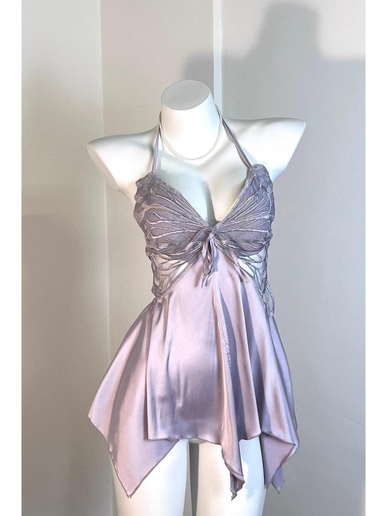 Spicy Nightdress with Chest Pads: Sexy, High-End Ice Silk Homewear for Women, Autumn & Winter, Plus Size, Pure Desire Style with Bow.