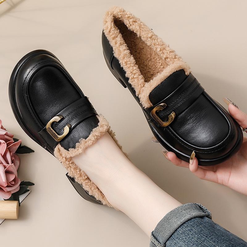Soft leather winter fluffy shoes medium heel loafer shoes fleece leather shoes soft leather thick heel single shoes women's high heel thick sole