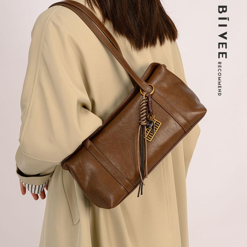 

Biivee Genuine Leather Women s Bag Retro Boston Pillow Bag Elegant Shoulder Underarm Baguette Bag Large Capacity Messenger Bag Brown