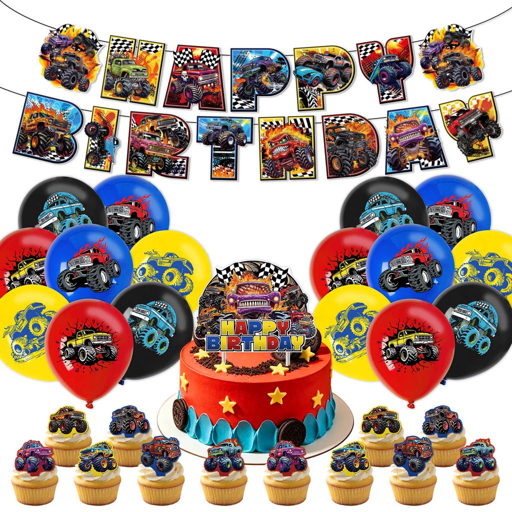 Monster Truck Birthday Party Decorations Happy Birthday Banner Cake Topper Balloon Set Cupcake Toppers Party Supplies for Kids