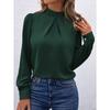 Women Khaki Mock Neck Pleated Puff Long Sleeve Blouse