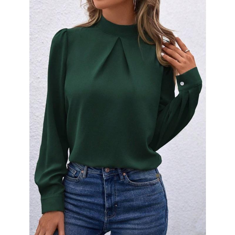 Women Khaki Mock Neck Pleated Puff Long Sleeve Blouse