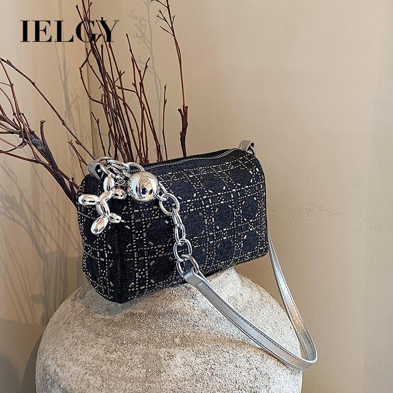 IELGY Small Square Bag Retro Rhinestone Denim Bag Shoulder Messenger Pillow Bag