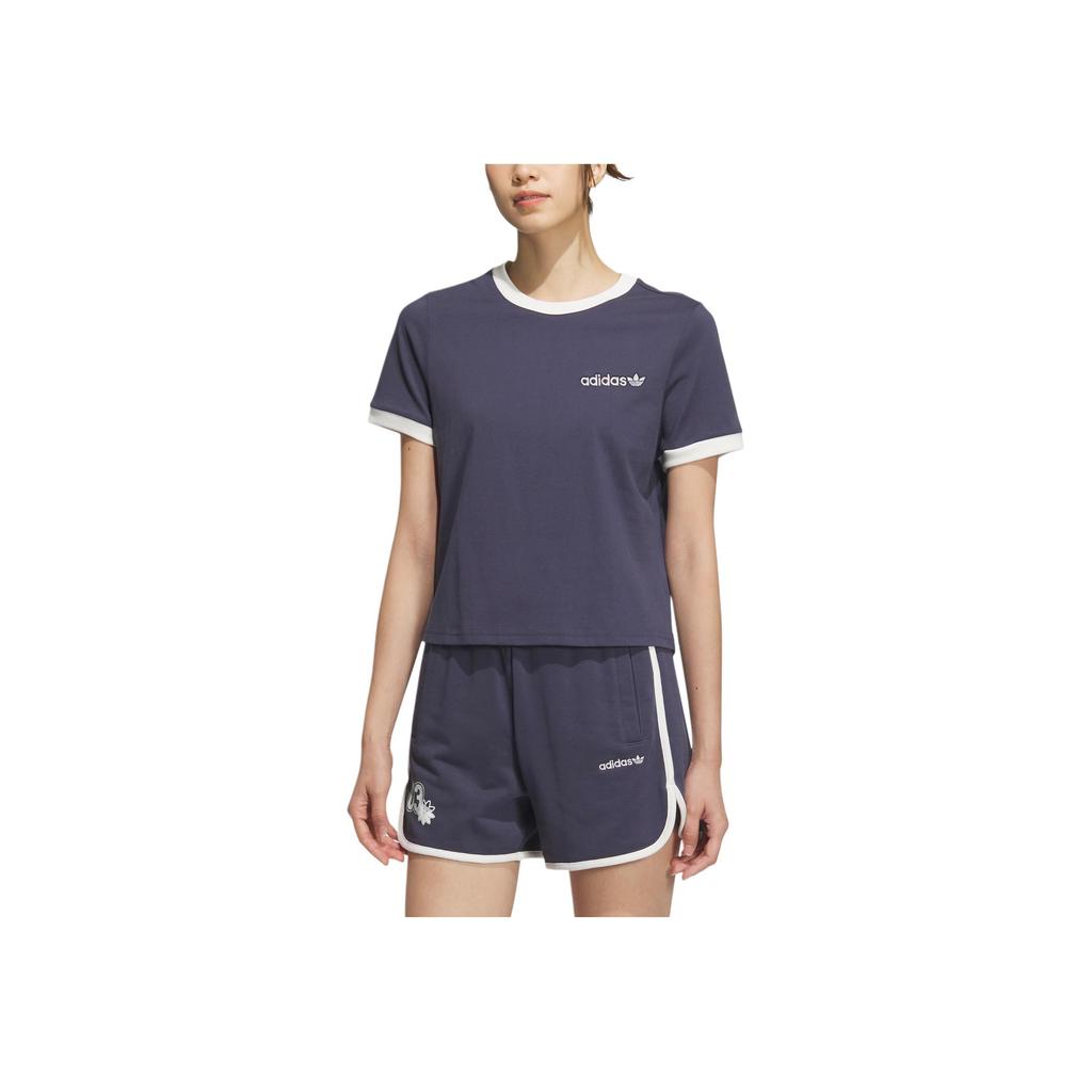 Adidas Originals Retro Camp Graphic Simple Round Neck Pullover Short Sleeve T-Shirt Women T-Shirts Dark-Blue JM7973