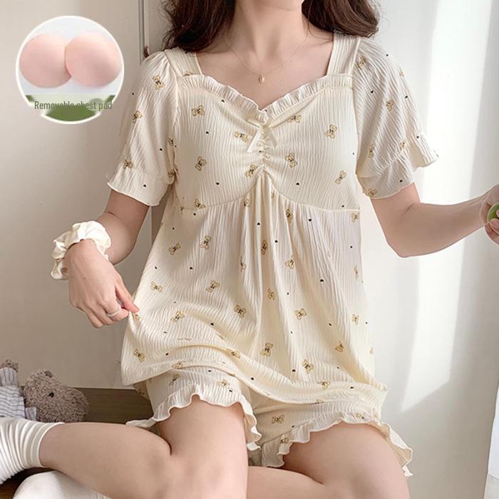 "Women's Summer Pajama Set with Chest Pads: Wrinkle-Resistant, Short Sleeves, Korean-Style, Sweet & Cute"