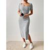 Summer Square Neck, Hip-Hugging Mid-Length Skirt, Short-Sleeved, Versatile Knitted Slit Dress