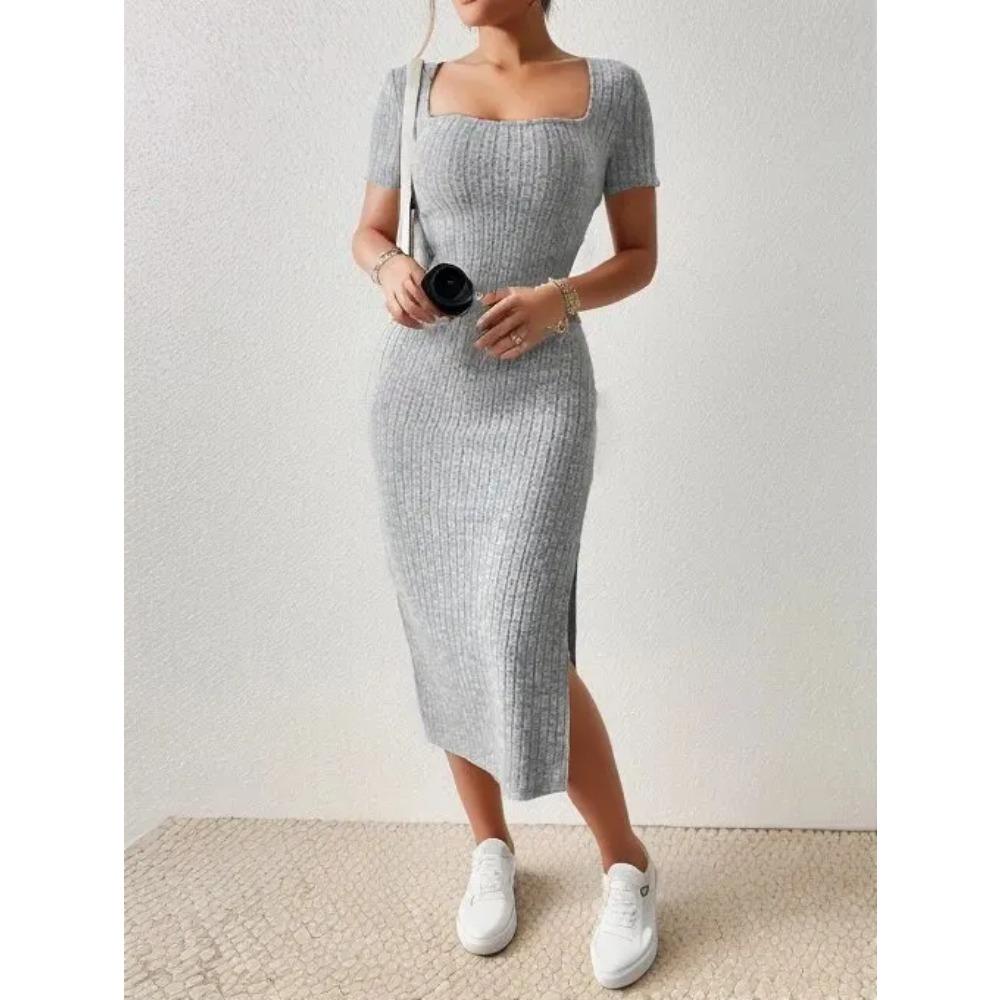Summer Square Neck, Hip-Hugging Mid-Length Skirt, Short-Sleeved, Versatile Knitted Slit Dress