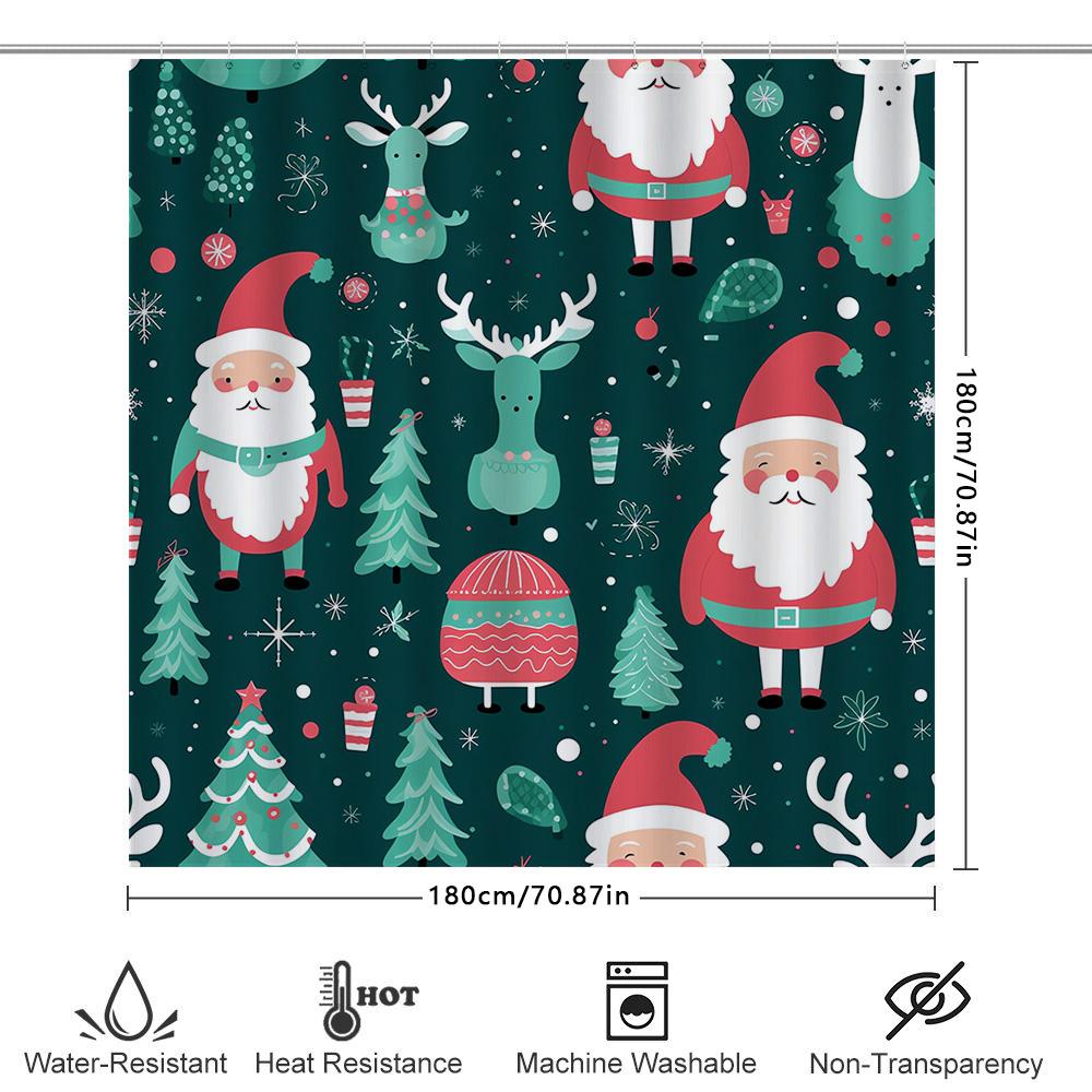 Winter Christmas Shower Curtain Decorations Santa Claus Reindeer Design 180Cm Long Waterproof Fabric Bathroom C