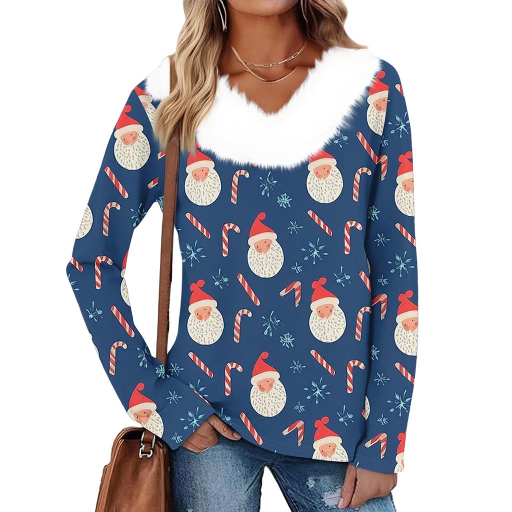Women's Fashion Long Sleeve Christmas V-Neck Printed Party Furry Top