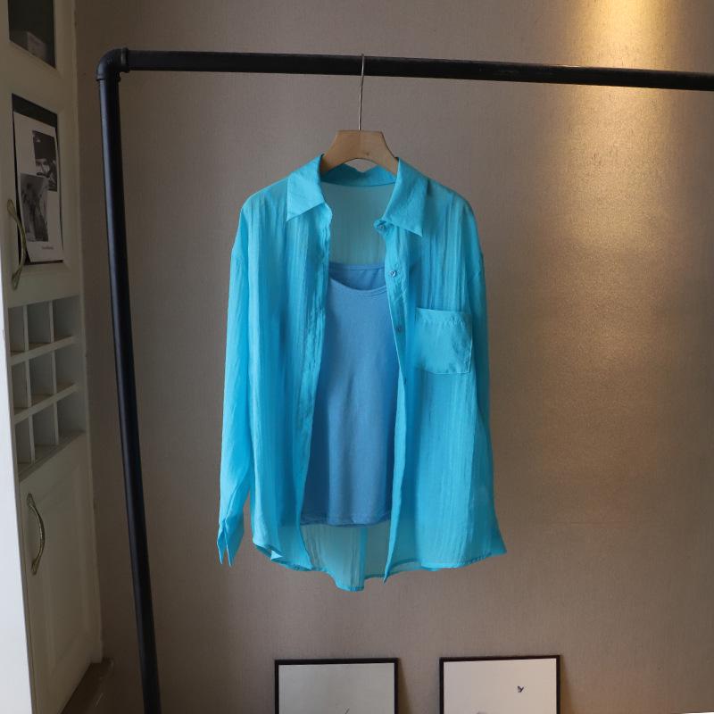 

[Би Чжэн] Летняя женская хлопковая майка в корейском стиле с рубашкой с длинным рукавом для защиты от солнца One Size озеро синий