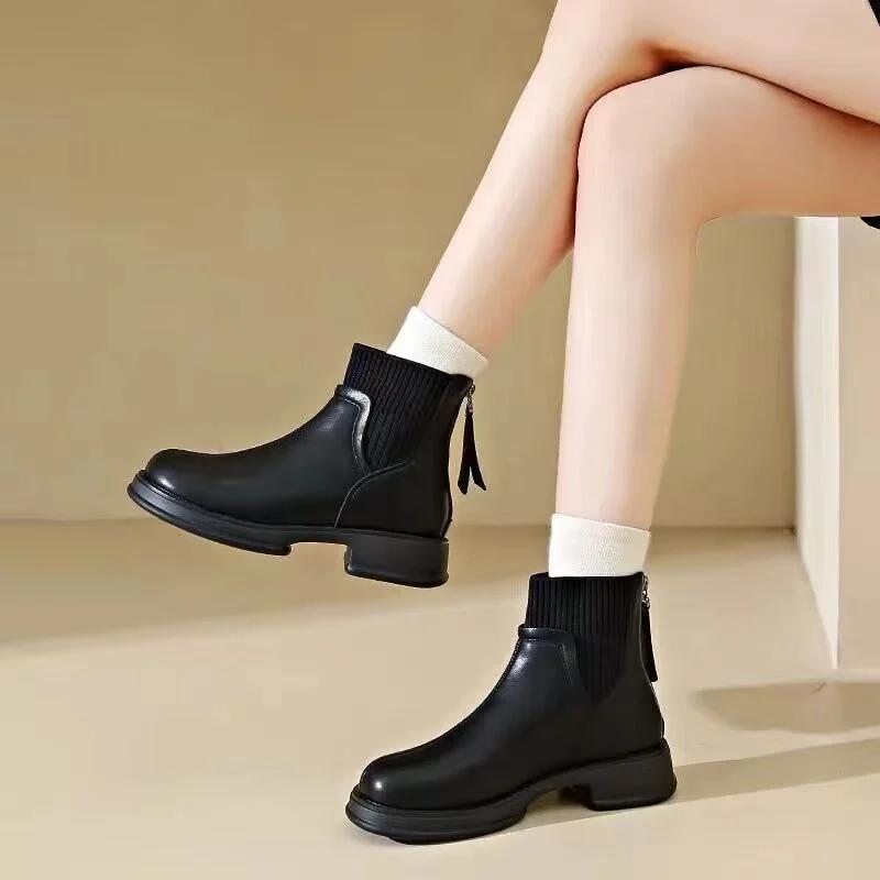 2025 Black Women Shoes Short Boots Women Genuine Leather Splicing Round Toe Slip-On Boots Woman Comfy Flat Chelsea Boots Woman