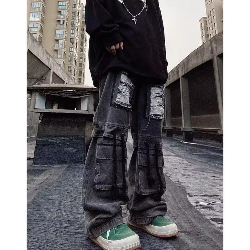 

JYL Men s Cargo Pants Vintage Multi-Pocket Lumberjack High-Street Ins Trendy Denim Pants S амарантовый