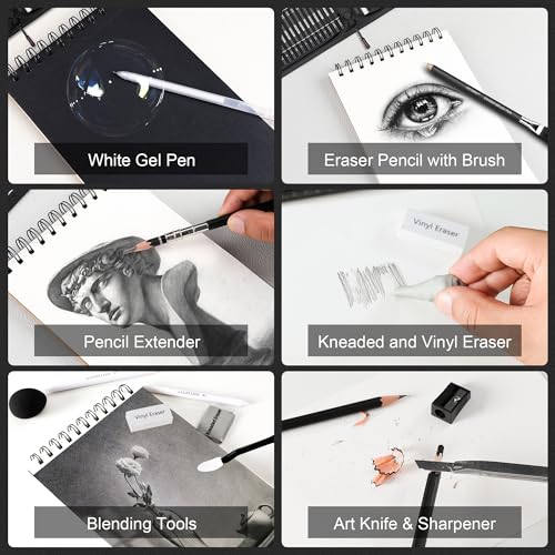 HIFORNY Professional Drawing & Sketching Set: Includes Graphite, Charcoal, Color, Watercolor, and Metallic Pencils, Blending Tool, Sketchbook, Colorin