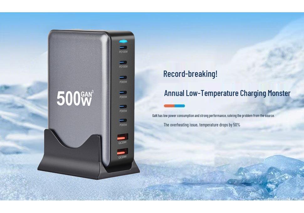 500W Gallium Nitride Multi-Port PD100W Fast Charger for Desktop and Phone