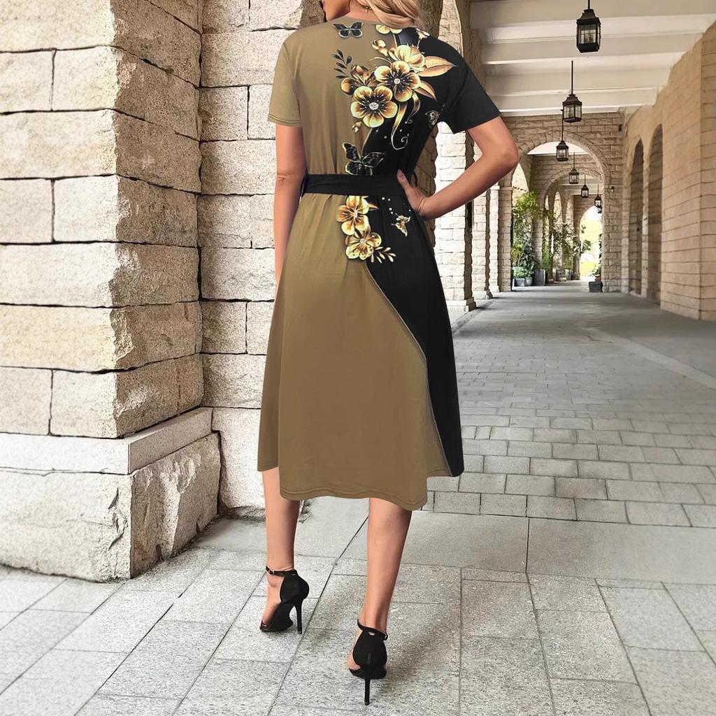 Temperament Commuting Belt Short Sleeved Round Neck Printed Women's Dresses