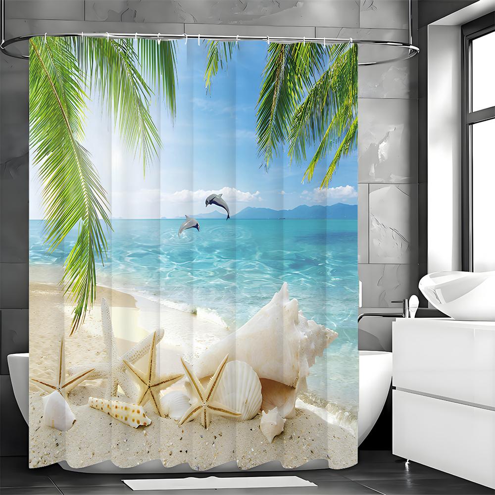 Starfish Shell Shower Curtain, Ocean Beach Island Palm Tree Dolphin Starfish Shell Bathroom Decorative Shower Curtain, Waterproo