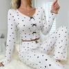 European and American Hot-selling Loungewear Printed Love V-neck Long-sleeved Pajamas Women's Trousers Two-piece Set