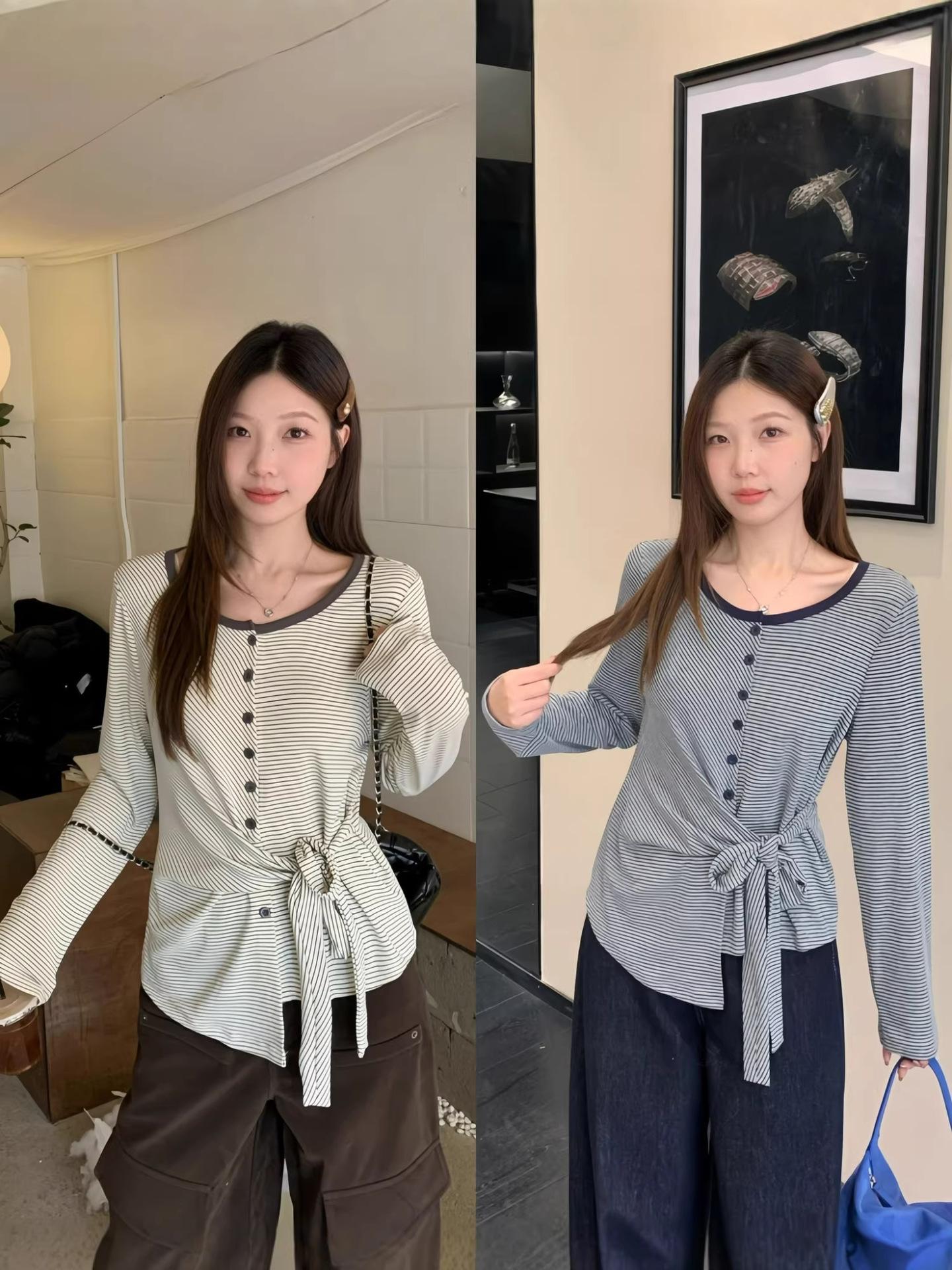 

Spring 2026 Plus Size Stripe Waist-Cinched Long Sleeve Top XL