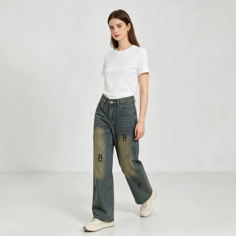 Womens High-Waist Straight Leg Jeans Vintage Washed Cotton Denim Wide Pants Non-Stretch