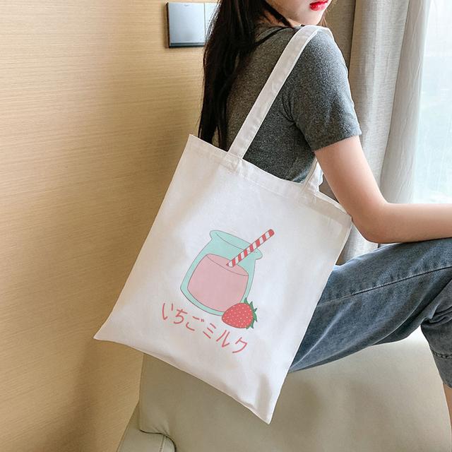 Fashion Women Shopping Bag Peach Milk Strawberry Aesthetic Print Student Book Canvas Bags Reusable Shopper Japanese Kawaii Eco