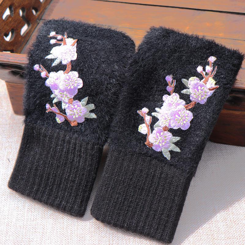Embroidered Ethnic Style Half-Finger Warm Gloves for Autumn & Winter