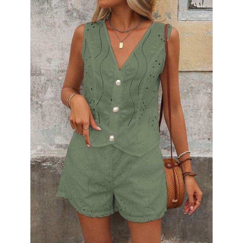 Tank Top and Shorts Set European and American French style Solid Casual Hollow out V-neck Vest Shorts Two-Piece Set