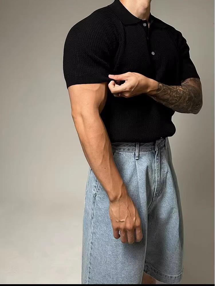 Men's Summer Honeycomb Texture Knitted Polo Shirt with Turn-Down Collar - Breathable Casual Short Sleeve Top