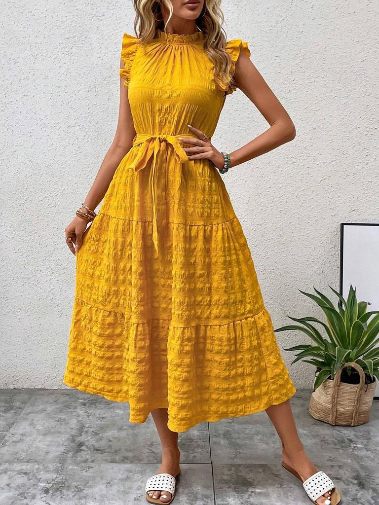 Women's summer new fashion fungus edge flying sleeves lace-up textured dress