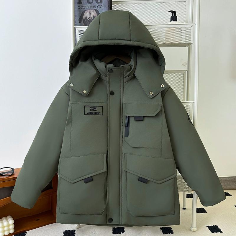 5-12 Years Kids Winter Mid-length Hooded Cotton Jacket Letter Icon Cargo Pocket Coat Boys Outdoor Windproof Sports Outerwear