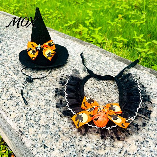 Pet Witch Hat And Scarf 1 Set Halloween Cat Costume, Wizard Lace Bandana, Ruffled Bib Funny Accessories with Bow Bell, Holiday Party Outfit for Small