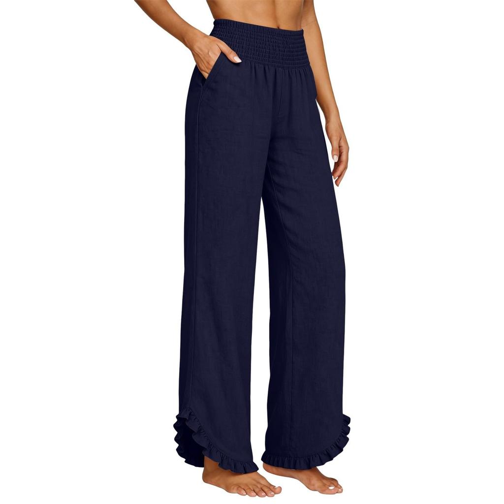 Damen Elastische Hose mit Hohem Bund Lässige Passform Weites Bein Lange Hose Hose mit Taschen
