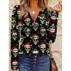 Women's Christmas Skull Print Top - V-neck Long Sleeves, Personalized Print and Comfortable, Great Holiday Gift, Suitable for Trendy Holiday Wear