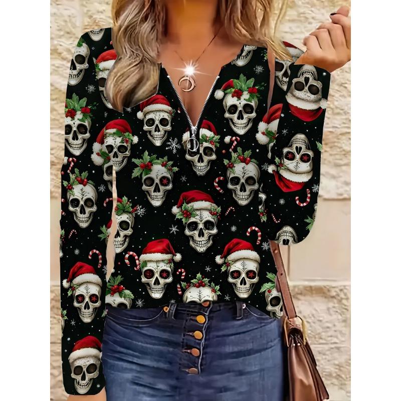 Women's Christmas Skull Print Top - V-neck Long Sleeves, Personalized Print and Comfortable, Great Holiday Gift, Suitable for Trendy Holiday Wear