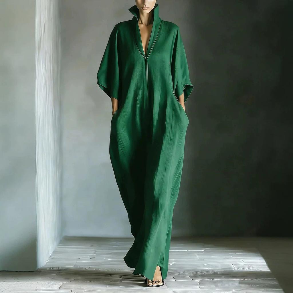 Luxuriöses Elegantes Hoher Stehkragen Tiefes V Maxikleid Fledermausärmel Strukturierter Stoff Lockerer Schnitt mit Taschen Seitenschlitz Büro Party Frühling Sommer Kleidung