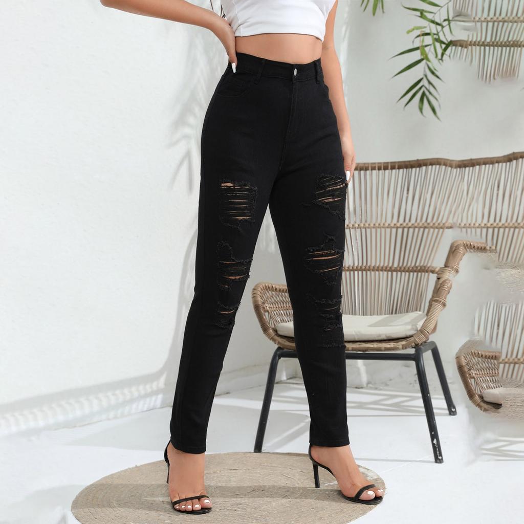 Ladies' Solid Color Casual Pants Versatile Slim Fit Straight Leg Denim Jeans With Holes